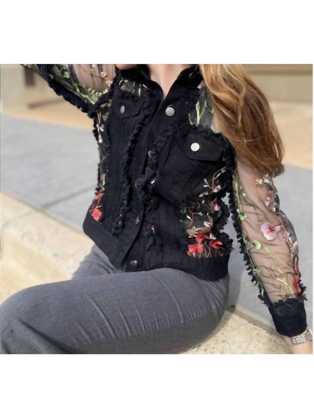 A.Z.I Floral Mesh Embroidered Jacket Black Size Medium - Picture 2 of 12